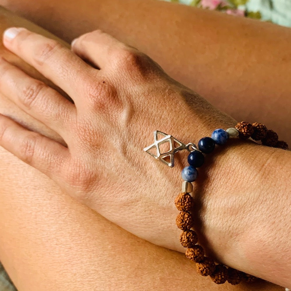Merkaba Wrist Mala Beads yoga bracelet, rudraksha, lapis lazuli