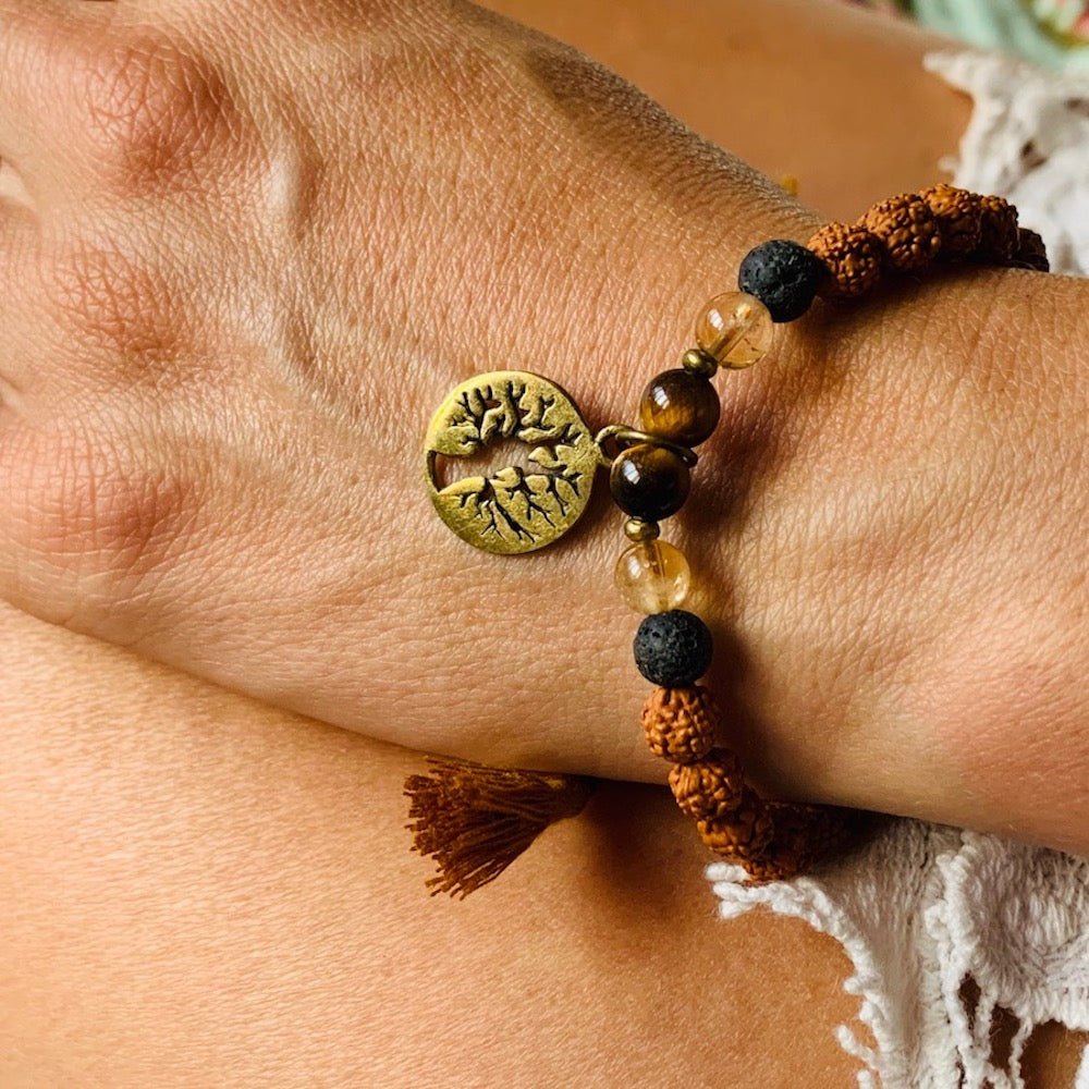 Tree of life wrist mala bead yoga bracelet, rudraksha, lava, citrine, tigers eye