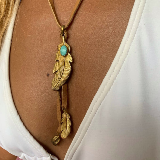 Triple Feather brass Pendant with Turquoise on suede Necklace