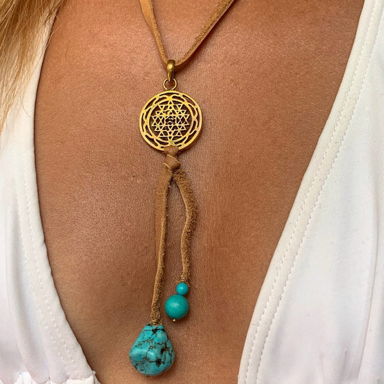 Brass Sri Yantra & Turquoise Boho Suede necklace - Heart Mala