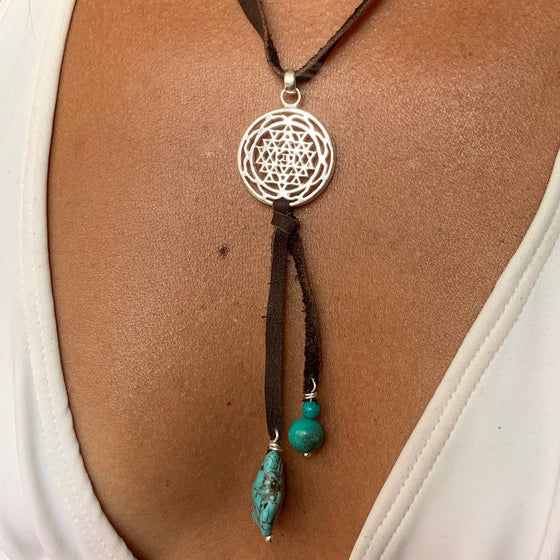 silver Sri Yantra & Turquoise Boho Suede necklace - Heart Mala