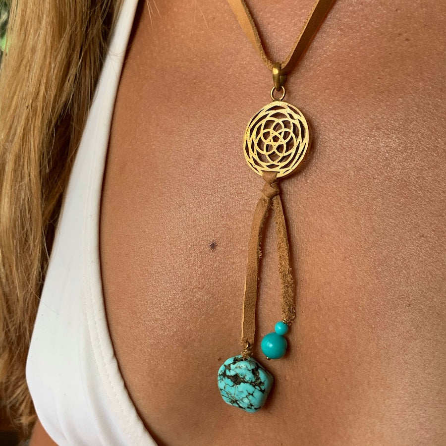 Brass Rose Of Venus & Turquoise Boho Suede necklace - Heart Mala