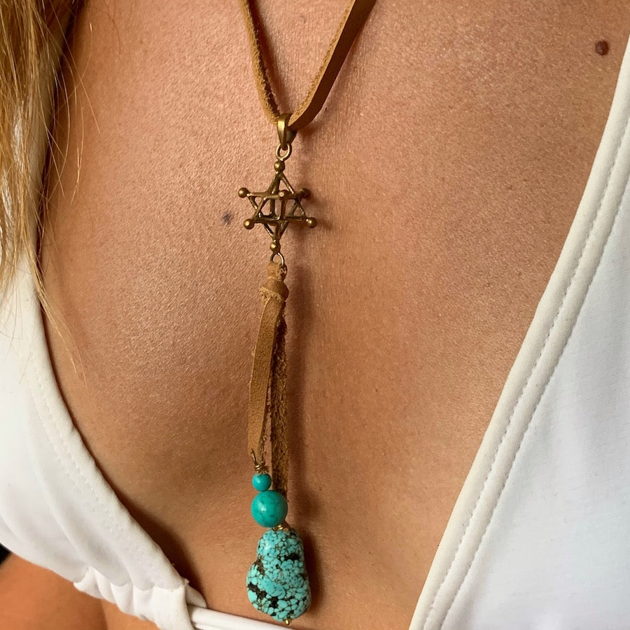 Brass Merkaba sacred geometry pendant & Turquoise Boho Suede necklace