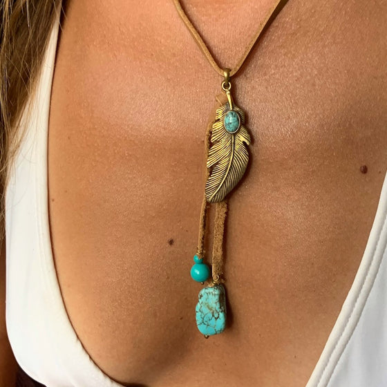Brass Feather & Turquoise Boho Suede necklace - Heart Mala