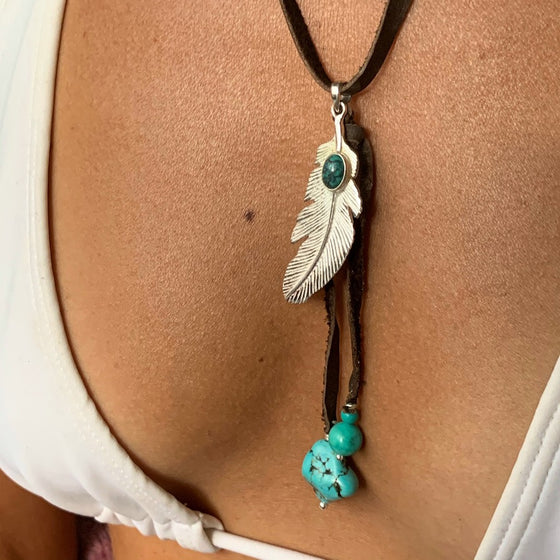 Silver Feather & Turquoise Boho Suede necklace