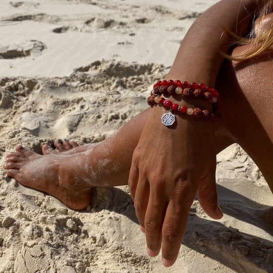 Sri Yantra wrist Mala Beads yoga bracelet set: Citrine, Carnerlian, coral, Rudraksha