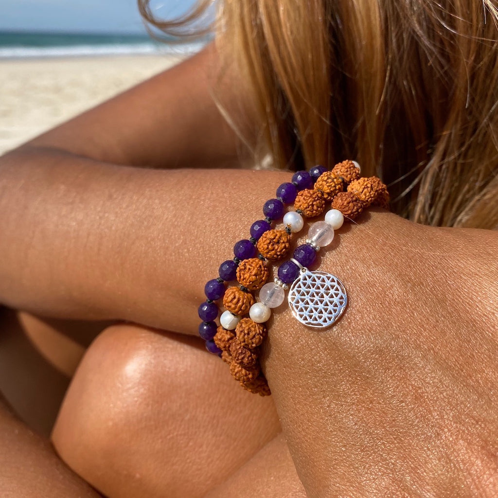 Flower of Life wrist Mala Beads yoga bracelet set: Rose Quartz, Amethyst, Pearl, Rudraksha