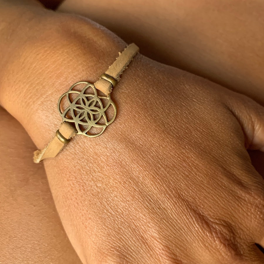 brass Seed Of Life sacred geometry charm bracelet on suede leather