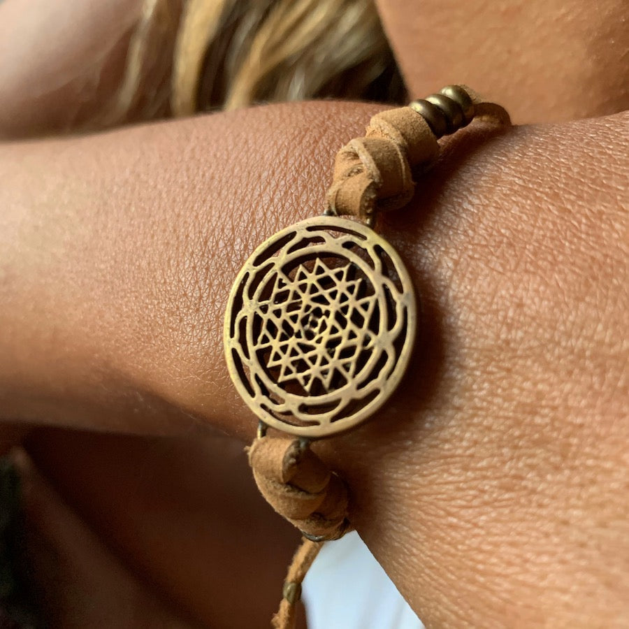 brass Sri Yantra sacred geometry charm bracelet on suede leather