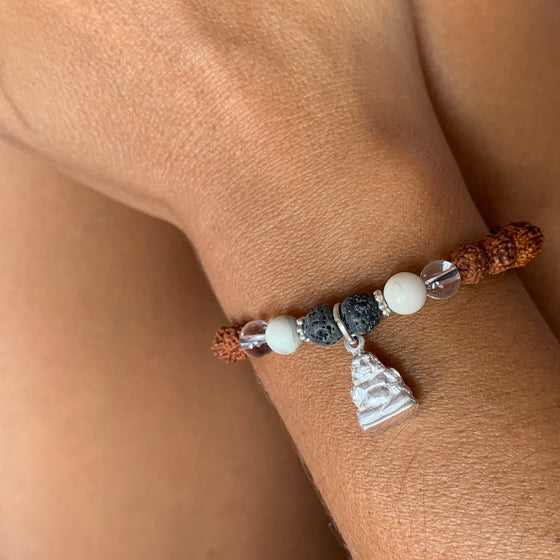 Buddha wrist Mala Beads yoga bracelet, rudraksha, quartz, howlite, lava