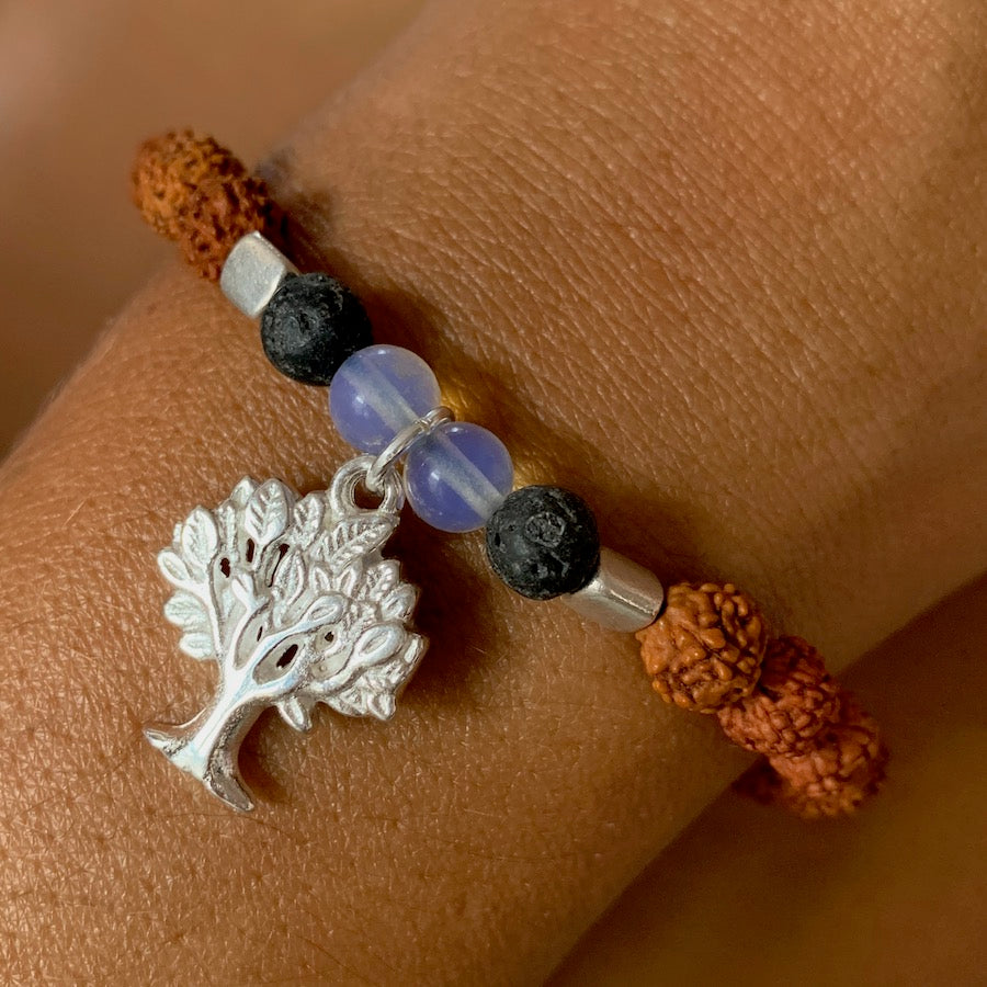 Tree of life wrist Mala Beads yoga bracelet, rudraksha, lava, moonstone