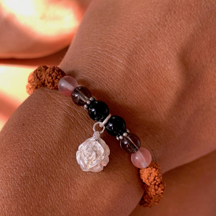 Rose wrist Mala Beads yoga bracelet, rudraksha, smokey quartz, onyx