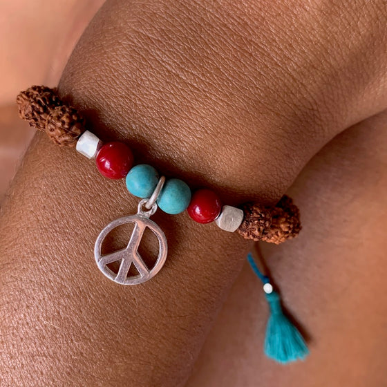 Peace symbol wrist mala yoga bracelet, rudraksha, red coral, turquoise