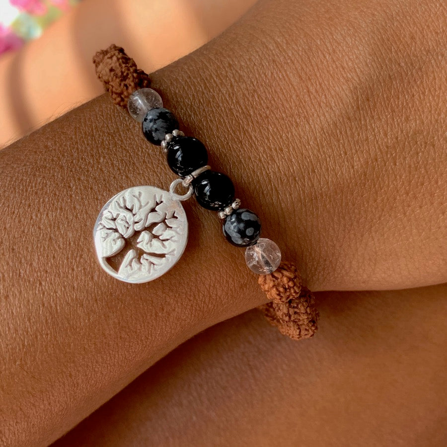 Tree of life wrist Mala Beads yoga bracelet, rudraksha, quartz, obsidian, onyx