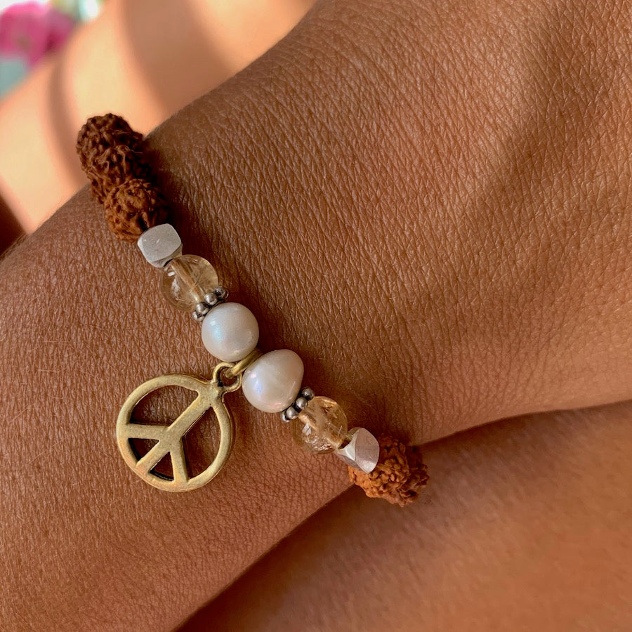Peace wrist Mala Beads yoga bracelet, rudraksha, citrine, pearl