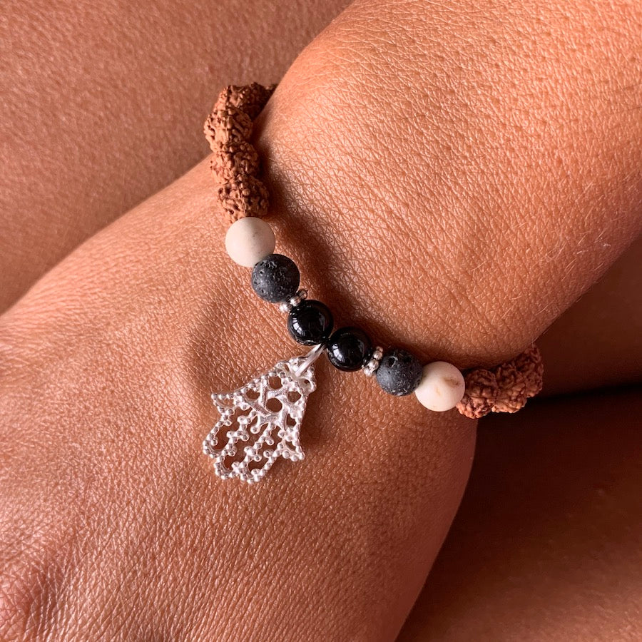 Hamsa hand wrist Mala Beads yoga bracelet, rudraksha, howlite, lava, onyx