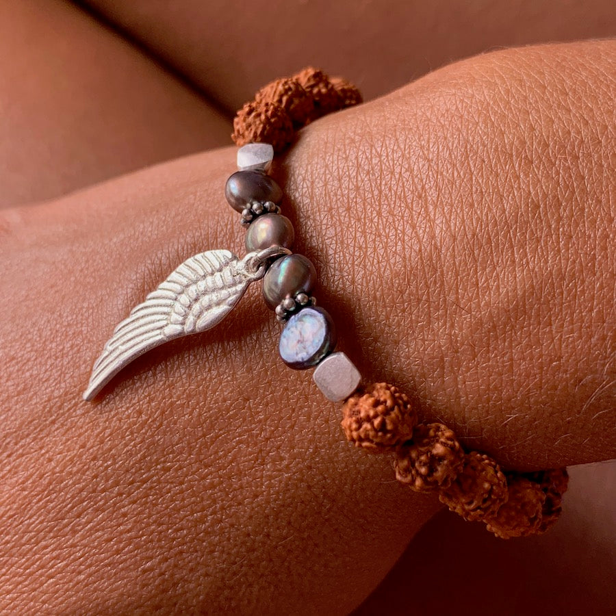 Angel wing wrist Mala Beads yoga bracelet, rudraksha, silver pearl