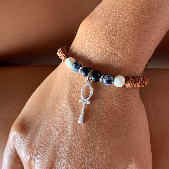 Ankh wrist Mala Beads yoga bracelet, rudraksha, howlite, obsidian, onyx