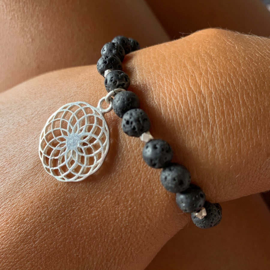Lava Mala Beads Yoga Bracelet Silver Sunflower sacred geometry charm