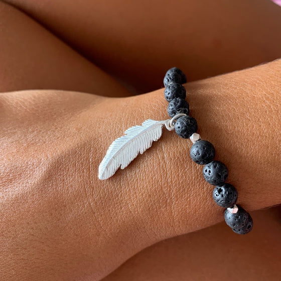 Lava Mala Beads Yoga Bracelet Silver feather charm