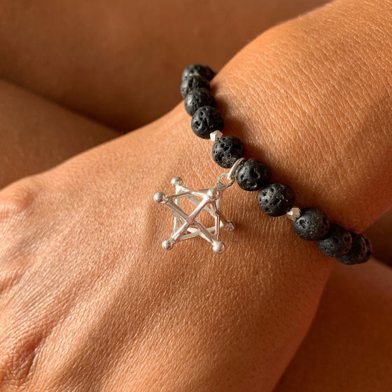 Lava Mala Beads Yoga Bracelet Silver Merkaba sacred geometry charm