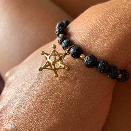 Lava Mala Beads Yoga Bracelet Brass Merkaba sacred geometry charm