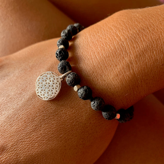 Lava Mala Beads Yoga Bracelet Silver Flower Of Life sacred geometry charm