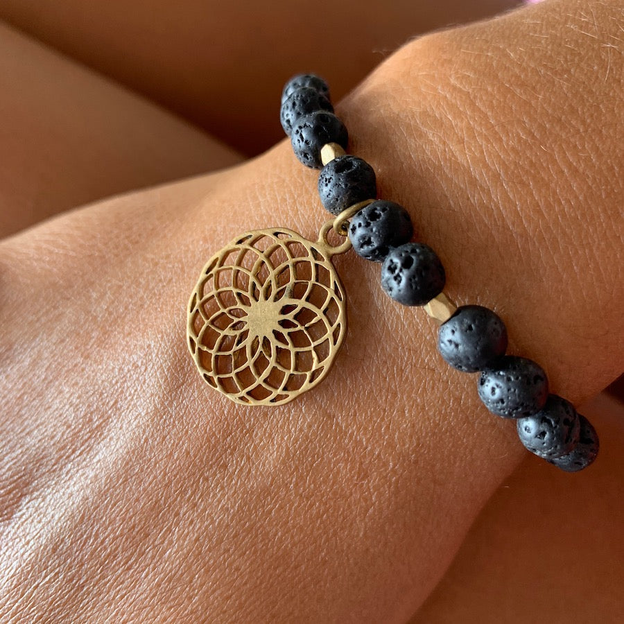 Lava Mala Beads Yoga Bracelet Brass Sunflower sacred geometry charm