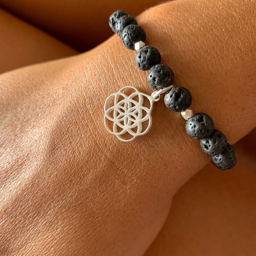 Lava Mala Beads Yoga Bracelet Silver Seed Of Life Sacred Geometry charm