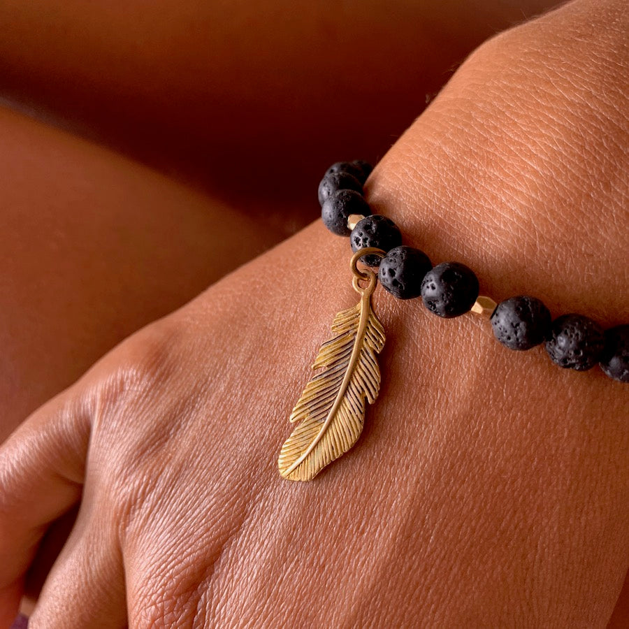 Lava Mala Beads Yoga Bracelet brass feather charm
