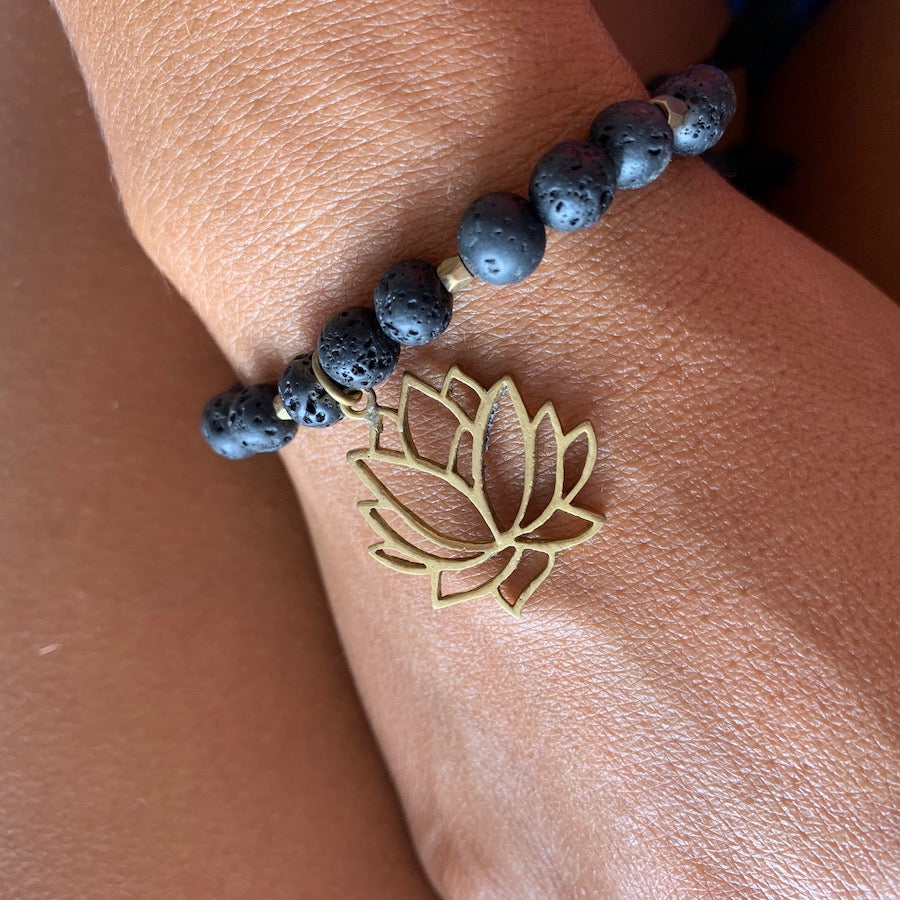 Lava Mala Beads Yoga Bracelet brass Lotus charm