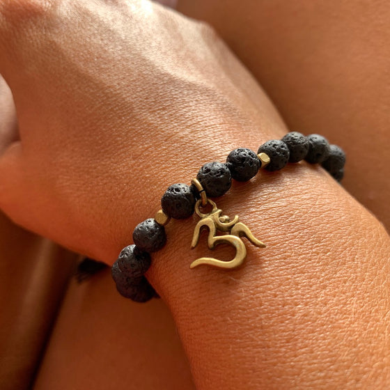 Lava Mala Beads Yoga Bracelet brass OM charm