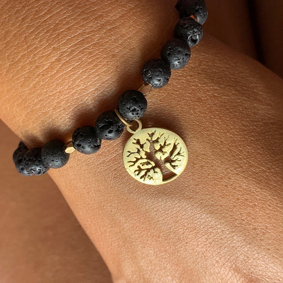 Lava Mala Beads Yoga Bracelet Brass Tree Of Life charm