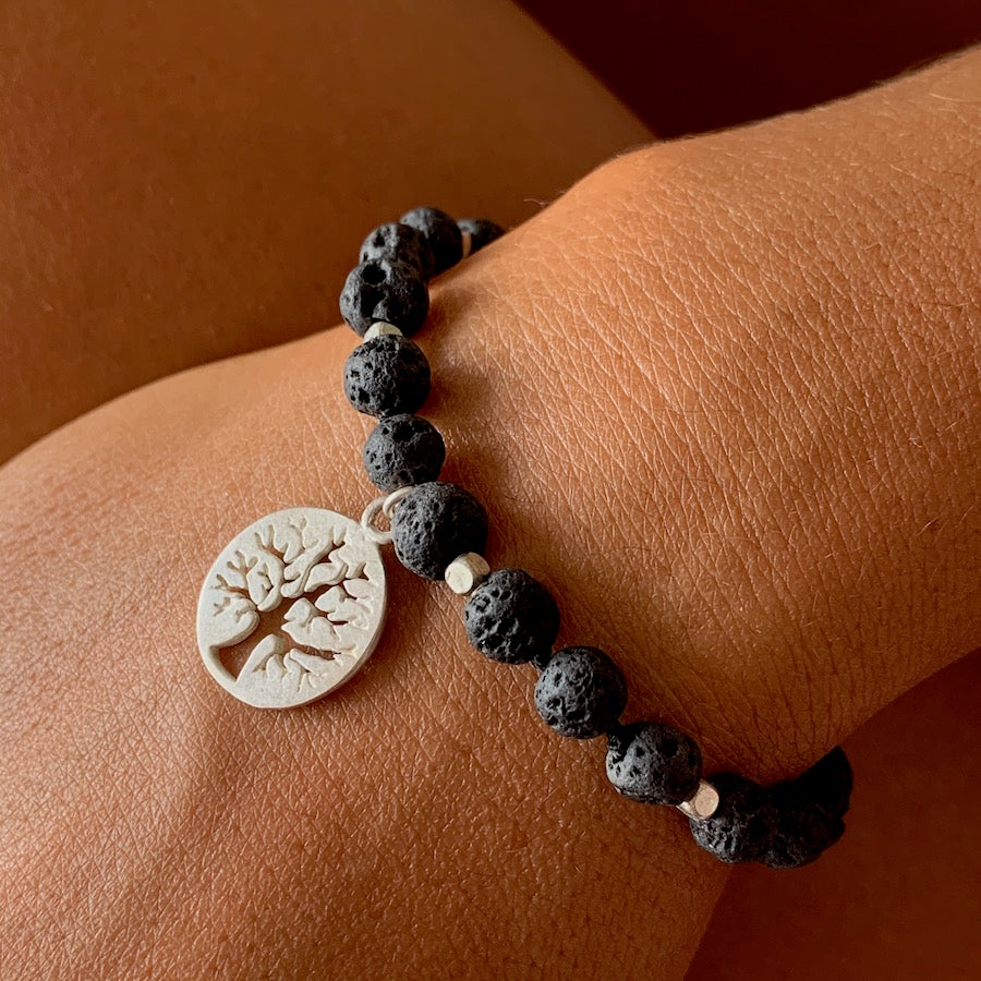 Lava Mala Beads Yoga Bracelet Silver Tree Of Life charm