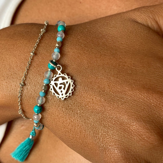 Throat Chakra Symbol Gemstone Yoga Bracelet Silver Chain