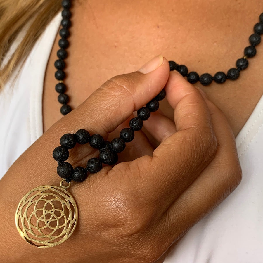 Lava Mala Prayer Beads Yoga Necklace Rose Of Venus sacred geometry pendant