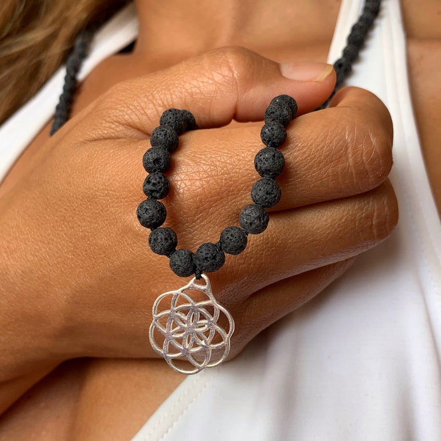Lava Mala Prayer Beads yoga necklace silver Seed Of Life sacred geometry pendant