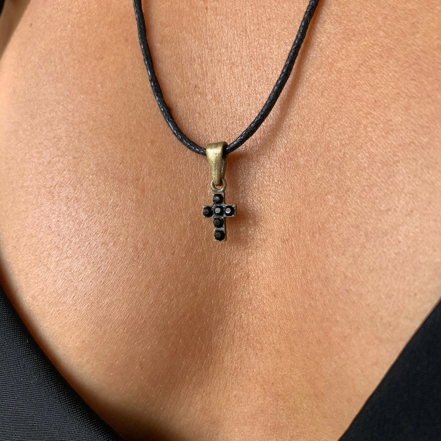Cross black diamantes brass Pendant necklace
