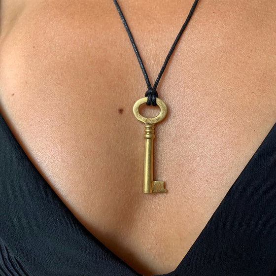 Key pendant antique style brass necklace