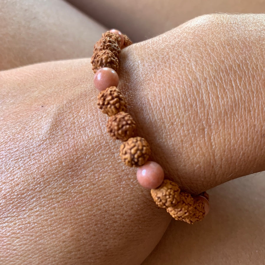 Wrist Mala Beads yoga bracelet, Rhodonite, Rudraksha