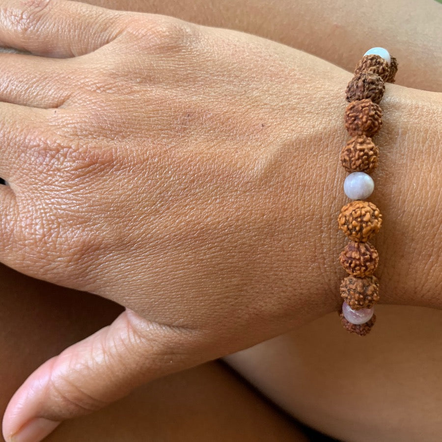 Wrist Mala Beads yoga bracelet, pink tourmaline, Rudraksha