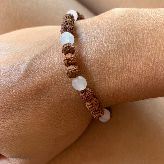 Wrist Mala Beads yoga bracelet, Rose Quartz, Rudraksha
