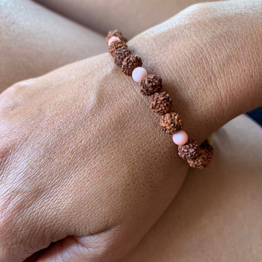 Wrist Mala Beads yoga bracelet, Pink Coral, Rudraksha