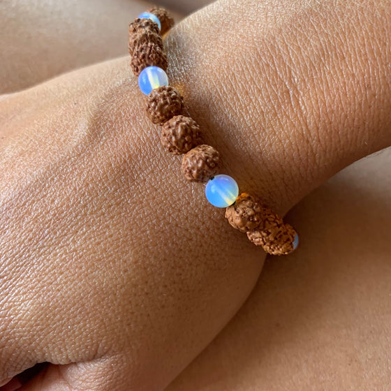 Wrist Mala Beads yoga bracelet, Moonstone, Rudraksha