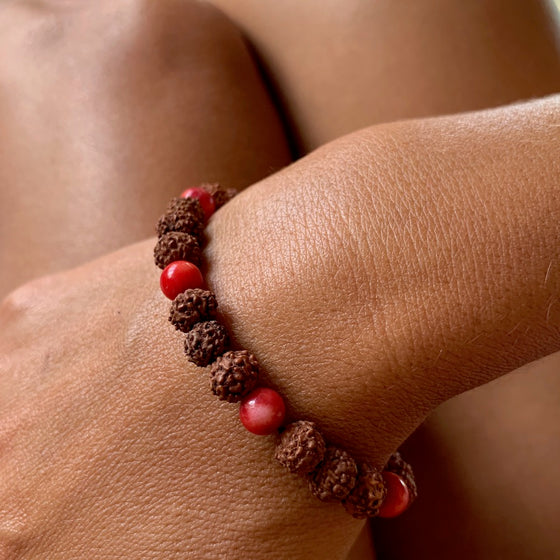 Wrist Mala Beads yoga bracelet, Red Coral, Rudraksha