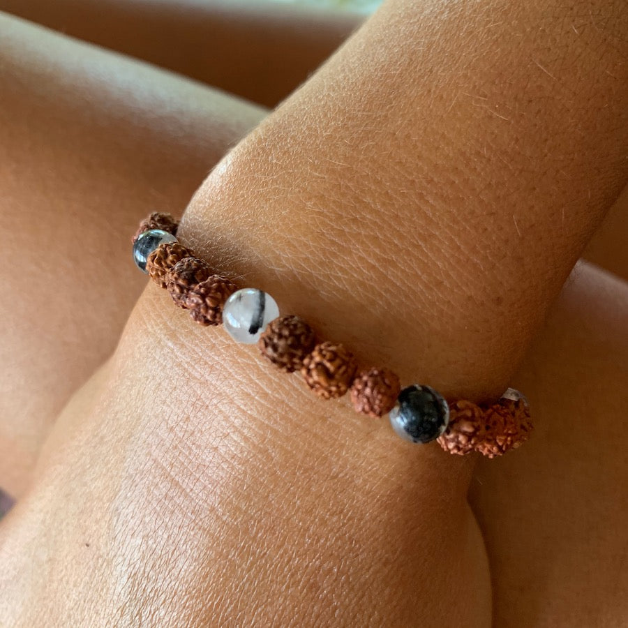 Wrist Mala Beads yoga bracelet, Rutilated Quartz, Rudraksha