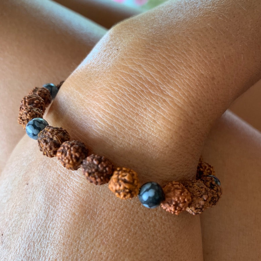 Wrist Mala Beads yoga bracelet, Snowflake Obsidian, Rudraksha
