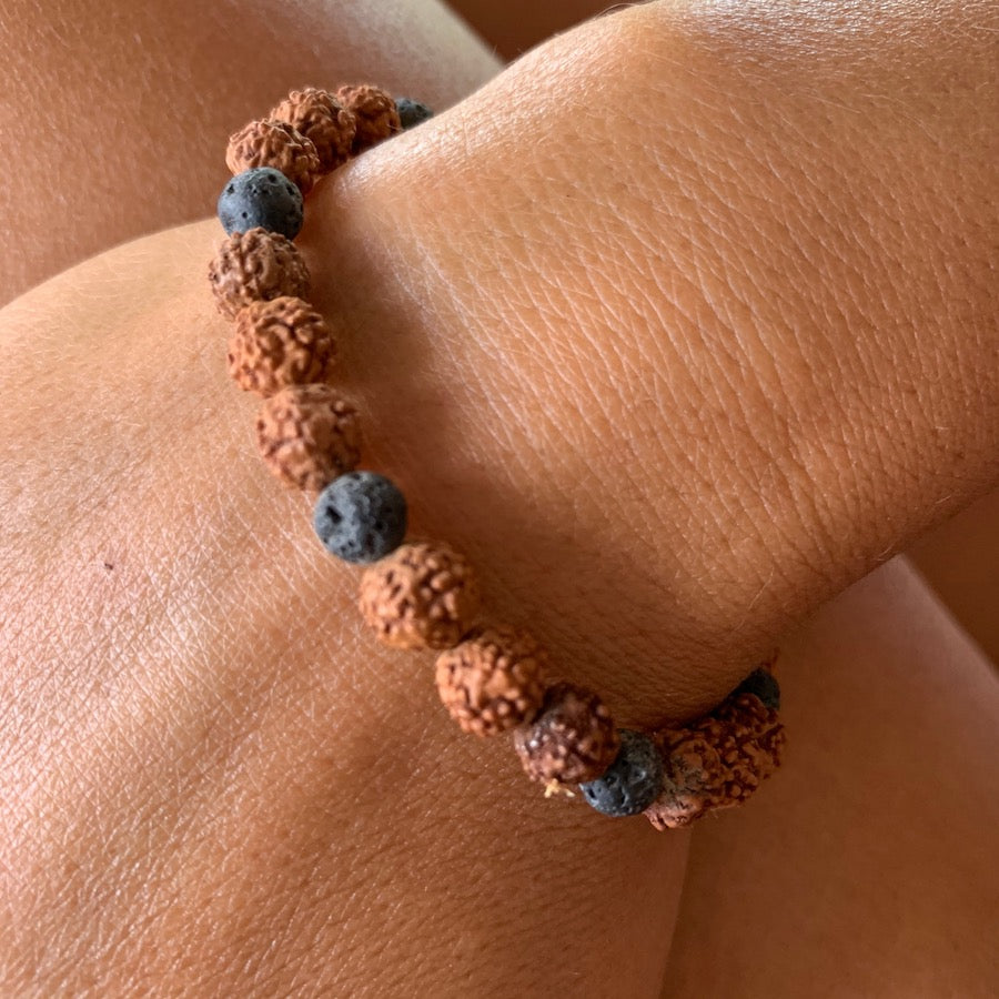 Wrist Mala Beads yoga bracelet, Lava Stone, Rudraksha