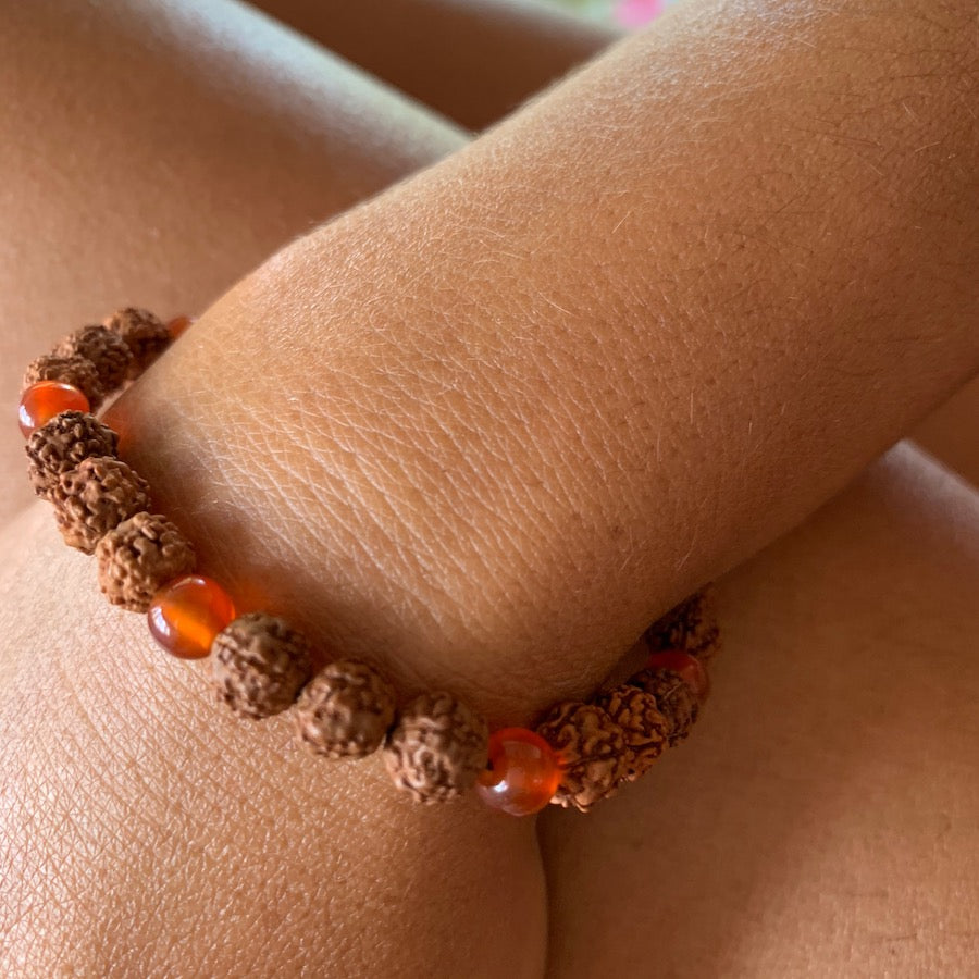 Wrist Mala Beads yoga bracelet, Carnelian Agate, Rudraksha