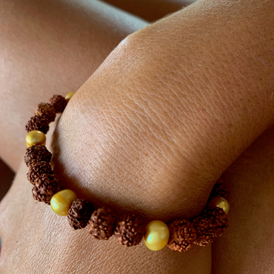 Wrist Mala Beads yoga bracelet, Golden Pearls, Rudraksha